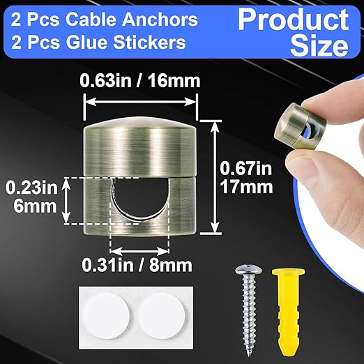 2 Sets Charger Holders for Cords, Antique Copper Color Adjustable Cable Anchor Holders, Adhesive Metal Cord Clips, Cable Management Wire Organizers for Desk, Office, Nightstand
