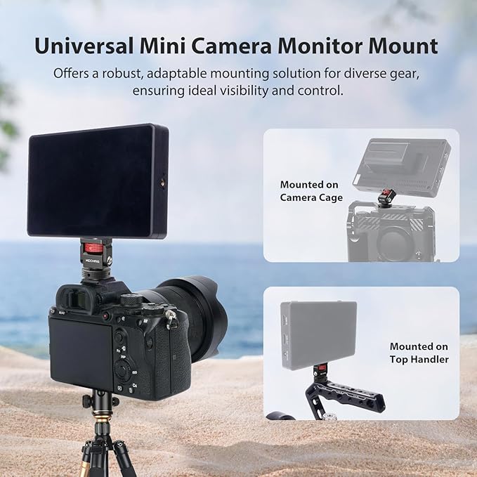 Mini Camera Monitor Mount with Cold Shoe, Aluminum Cold Shoe Mount Adapter with 1/4″ Screw for Monitor LED Light Mic, Field Monitor Holder 360° Swivel & 180° Tilt Damping (Without Knob 63143)