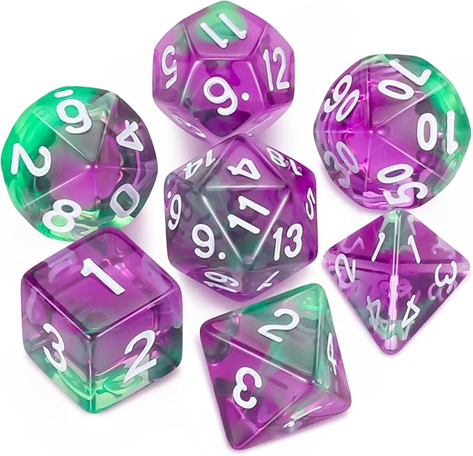 QMAY DND Dice Set -D&D Polyhedral Dice (7 Pcs) for Dungeons and Dragons (Purple Green Transparent)