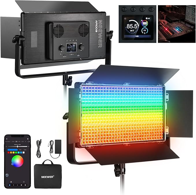 NEEWER 105W RGB LED Panel Video Light Kit with Barn Doors, 1200 LEDs 31500Lux/0.5m 2500K-10000K CRI96+/TLCI97+ Dimmable, APP/2.4G/Panel/DMX Control, Studio Photography Video Recording Lighting, AP100C