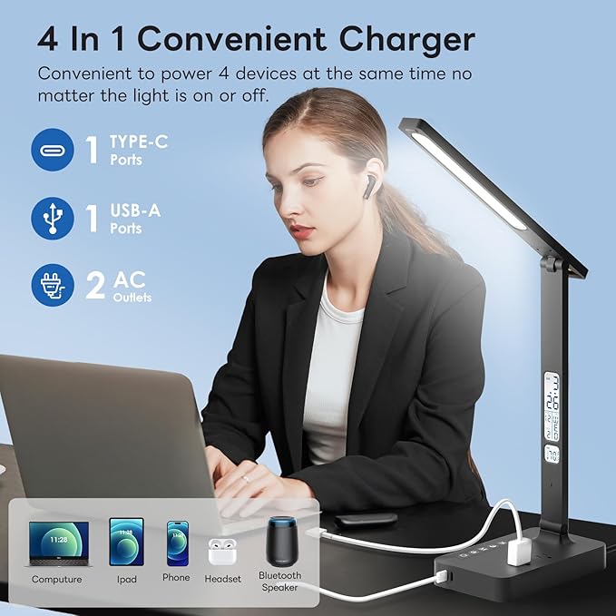 Infiway Desk Lamp with USB Charging Port: LED Eye-Caring Smart Table Light for Home Office - 1 Type-C, 1 USB-A Charging Port, 2 AC Power Outlets