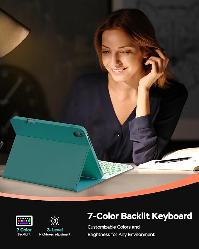 Folio Keyboard Case for iPad 10th Gen 10.9 inch (2022) and iPad 11th (A16, 2025), Magnetic Wireless Detachable Keyboard, 7-Color Backlight, Thin & Light, Pencil Holder (Cyan)