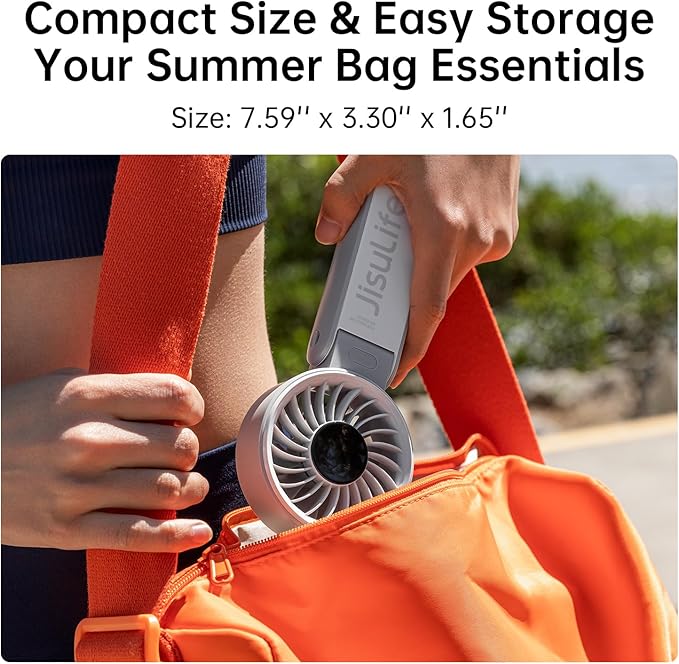 JISULIFE Handheld Fan Life7 – Ultimate Flexibility: High-Power Motor, LED Display, 3600mAh Rechargeable, 5-Speed, Foldable Design, 3-IN-1 Portable Hand/Desk/Neck Fan for Travel, Gift for Women (Grey)