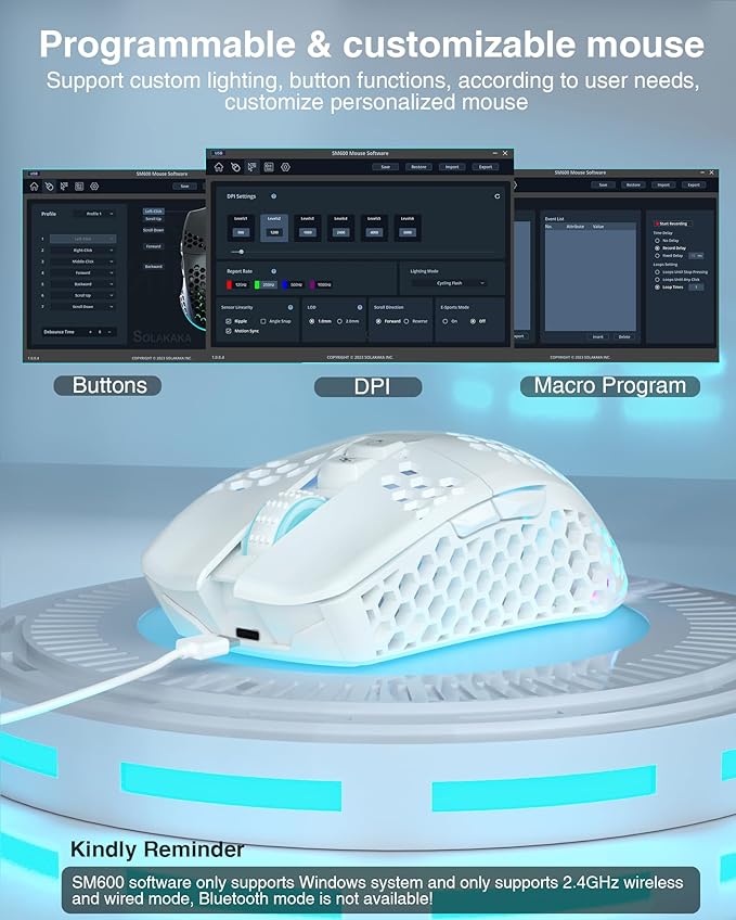 SM600 White Wireless Gaming Mouse,8000 DPI Tri-Modes BT5.1/Type-C Wired/2.4G Wireless Mouse with 2 Side Buttons, Programmable Macro Gamer Mouse with RGB Light for Laptop/PC/Mac