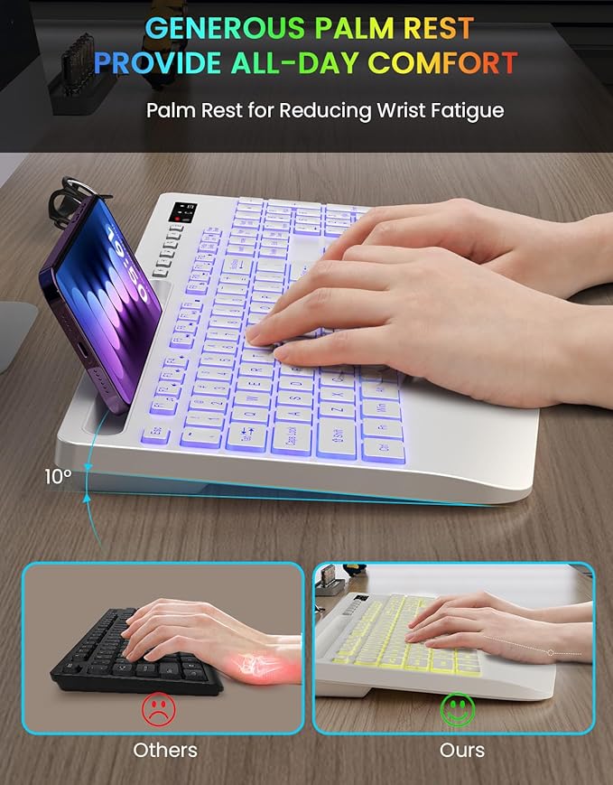 Wireless Keyboard with 7 Colored Backlit, Wrist Rest, Phone Holder, Rechargeable Ergonomic Computer Keyboard with Silent Keys, Full Size Lighted Keyboard for Windows, MacBook, PC, Laptop (White)