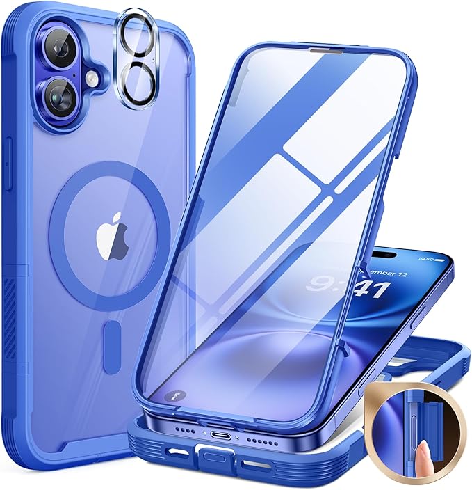 Miracase for iPhone 16 Case 6.1'', [Bubble Free] Full-Body Bumper Phone case with Built-in Full Glass Screen &Lens Protector,No Gap,Compatible with MagSafe,Drop Proof 16 Cover,Blue