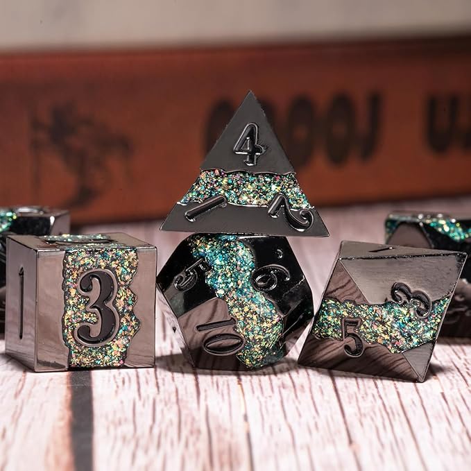 Black Glitter Metal Dice Set,Polyhedral Stripe DND Dice Set with Gift Box,RPG Solid Dungeons and Dragons Set 7pcs