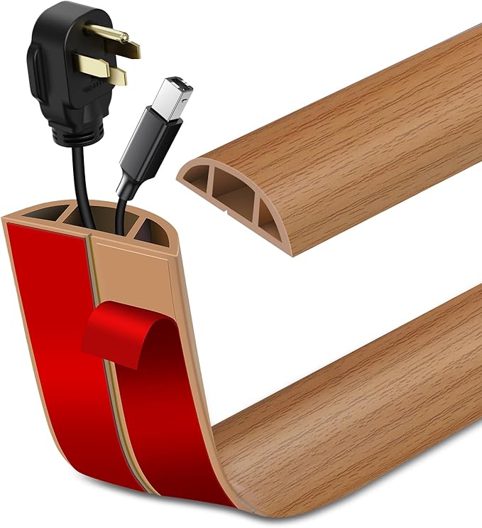 Floor Cord Cover Self Adhesive Cord Hider Floor Extension Cord Covers for Floor Power Cord Protector Cable Management Prevent Cable Trips Cable Cavity 0.59" W x 0.31" H (Light Brown Wood, 10Ft)