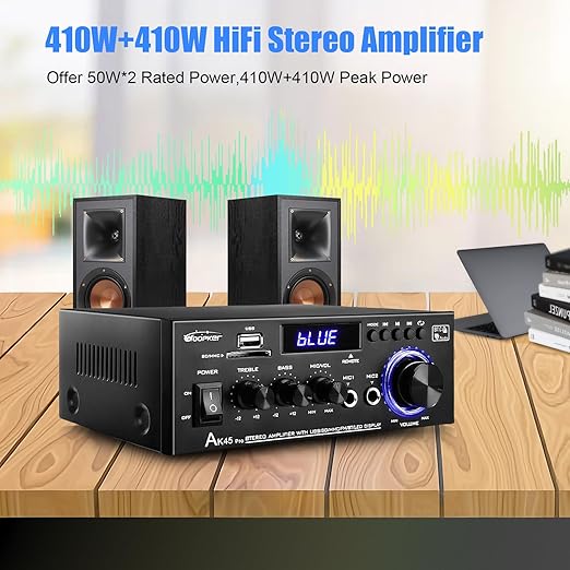 AK45 Pro Stereo Amplifier Home Audio, Stereo Receivers with Bluetooth 5.0,Max 400W, 2.0 Channel Audio Receiver for Home Theater Speakers w/USB/SD/RCA/2 MIC in for Karaok