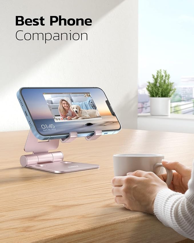 Nulaxy Dual Folding Cell Phone Stand, Fully Adjustable Foldable Desktop Phone Holder Cradle Dock Compatible with iPhone 17 16 15 14 13 12 11 Pro Max Xs Xr X 8, Nintendo Switch, All Phones - Rose Gold