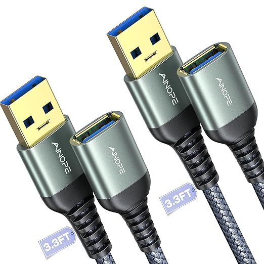 AINOPE 2 Pack USB Extensions Cable High Speed USB 3.0 Extension Cord Type A Male to Female Sturdy Braided Material Fast Data Transfer Compatible with USB Keyboard,Mouse,Flash Drive,Grey,3.3FT+3.3FT