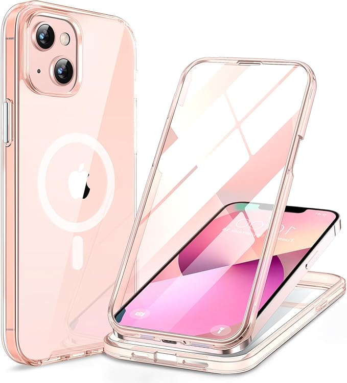 Miracase for iPhone 13 Case 6.1'', [Bubble Free] Full-Body Bumper Phone case with Built-in Full Glass Screen,No Gap,Compatible with MagSafe,Clear Pink