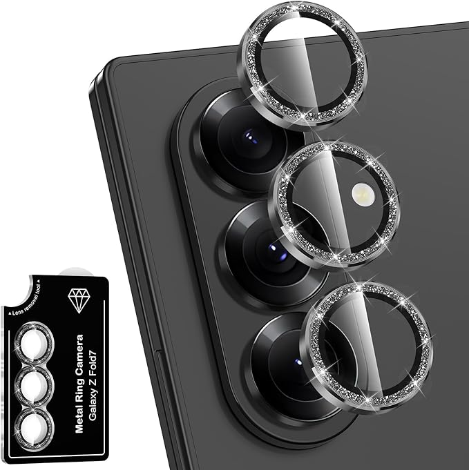 for Samsung Galaxy Z Fold 7 Camera Lens Protector, Individual Metal Ring Tempered Glass Lens Cover, [Strong Adsorption] Scratch Resistant Ultra-Thin HD Clear Lens Cover, 1 Set-Black Sparkly