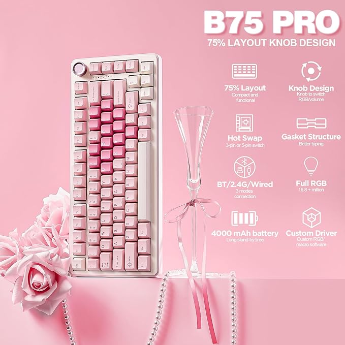 YUNZII B75 PRO Wireless Mechanical Keyboard,75% Layout with Knob,Hot Swap Gasket Custom Structure,Creamy Pre-lubed Switches,RGB Backlit,Bluetooth/Type-C/2.4G for Win/Mac(Cocoa Cream V2 Switch,Pink)