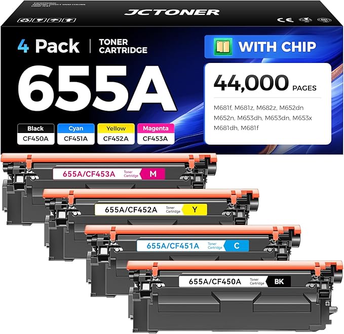 655A Toner Cartridge Set 4-Pack High Yield with Chip Replacement for HP 655A CF450A CF451A CF452A CF453A Compatible with HP Color LaserJet Enterprise CP5525 CP5525dn CP5525n CP5525xh Printer Ink Black