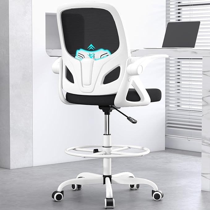 Tall Drafting Chair with Footrest Ring for Home and Work, Ergonomic Home Desk Office Chair with Flip up Arms and Lumbar Support, Extended Height Executive Desk Office Chair(White)