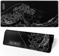 Japanese Gaming Mouse Pad Black Mouse Pad Kanagawa Large Mousepad Non-Slip Rubber Base Waterproof with Stitched Edges for Gaming Office Home, 31.5x11.8 Inch (Black Wave)