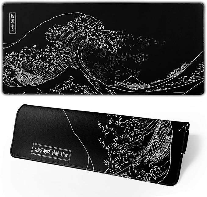Japanese Gaming Mouse Pad Black Mouse Pad Kanagawa Large Mousepad Non-Slip Rubber Base Waterproof with Stitched Edges for Gaming Office Home, 31.5x11.8 Inch (Black Wave)