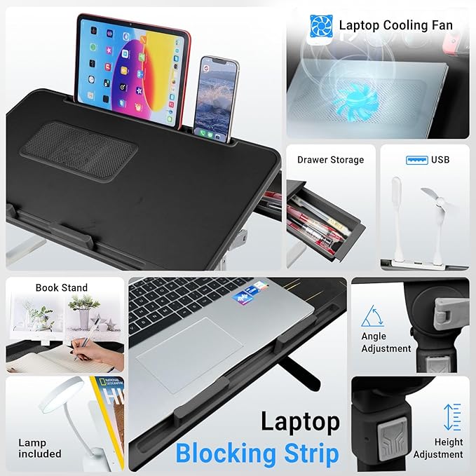 Laptop Lap Desk with Cooling Fan - Adjustable with Light, USB, Storage Drawer - Folding Bed Desk,22.04"*12.59",Black