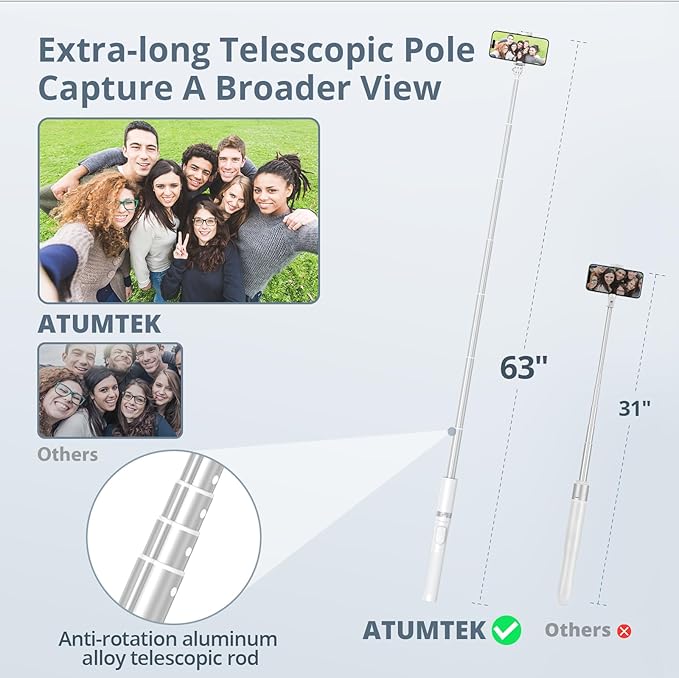 ATUMTEK 63" Phone Tripod, Extendable Selfie Stick Tripod with Bluetooth Remote, All-in-One Aluminum with Cold Shoe Mount for GoPro, 4"-7" iPhone and Android Smartphones, White