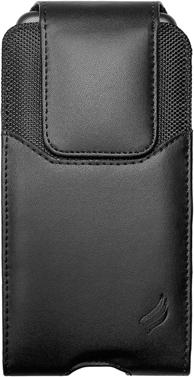 Leather Cellphone Holster for iPhone SE (2020/2022), 11 Pro, 12 13 14 15 16 17, Samsung Galaxy S22 S23 S24 S25 - Vertical Case Waist Carrying Pouch with Belt Clip/Loops, Black