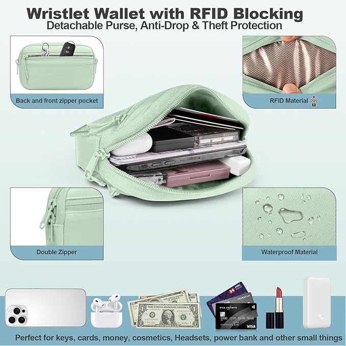 Clip and Go Strap for Phone with Wallet Crossbody, Adjustable Phone Lanyard with Detachable RFID Wristlet Wallet, Pattern Strap - Green (L)