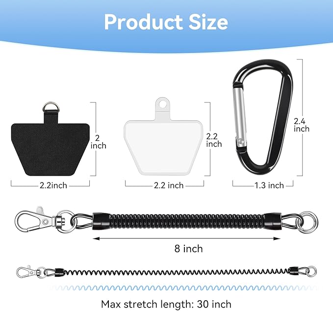 SHANSHUI Phone Lanyard Tether, Anti Theft Spring Phone Strap, 4 x Phone Pacthes & Climbing Hook Universal Phone Lanyard for Keys Outdoor Skiing Hiking Fishing Fitting for All Smartphones - 2PCS Black