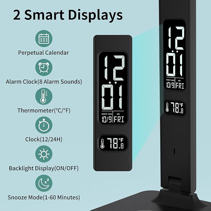 LED Desk Lamp for Home Office, USB Charging Port, Reading Lamp Desk Light with 5 Brightness, 3 Colors, Table Lamp with Clock, Alarm, Date, Temperature, Desk Lamp for College Dorm Room (Black)