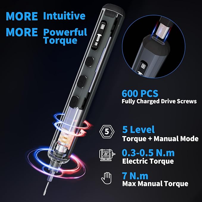 STREBITO Mini Electric Screwdriver Set, 70-in-1 Max Precision Electric Screwdriver Kit with Lights, 5 Upgraded Torque Levels, 64 Magnetic Bits, Electric Screwdriver Cordless for PC RC Electronics