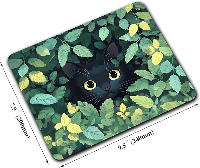 Green Flowers Black Cat Custom Mouse Pad with Non-Slip Rubber, Small Square Design for Wireless Laptop & Computer Mouse Pads for Desk, 9.5 x 7.9 inch Smooth Surface for Gaming & Office