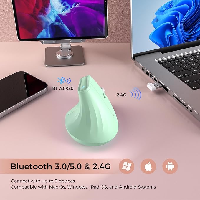 57° Ergonomic Wireless Tower Mouse, Vertical Quiet Ergo Mouse, Bluetooth(BT5.0,BT3.0)&2.4G, (800/1200/2400/2400/4000), 5 Buttons for Windows, macOS, iPadOS, Laptop, PC (Green)