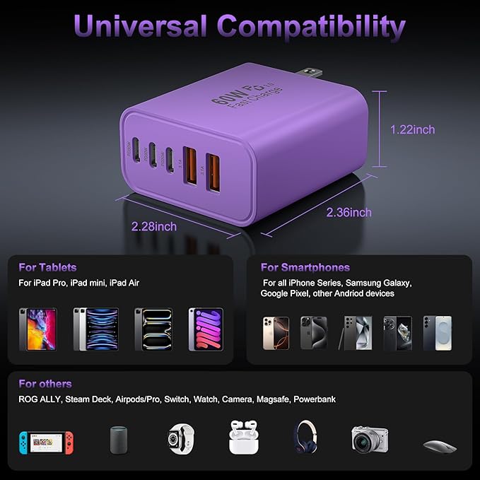 USB C Fast Wall Charger Block, 2Pack 60W USBC Charging Cubes, 5-Port PD+QC Power Adapter Multiport Brick Type C Box Plug for Phone 16/15/14/13/12/11/Pro Max/Plus, Pad Mini/Pro/S25/S24-Purple