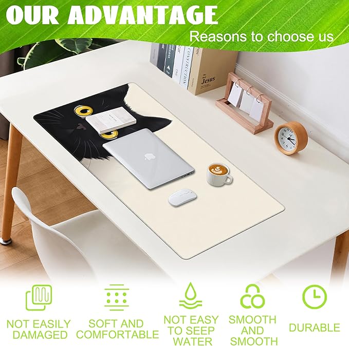 Desk Pad,Black Cat Desk Mat,Cute Cat Large Gaming Mouse Pad for Desk,Extended Big Computer Keyboard Mouse Pad with Non-Slip Base and Stitched Edge,35.4"x15.7"
