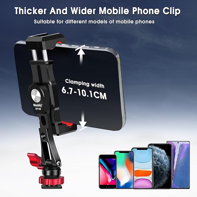 Manbily Phone Tripod Mount, Metal Smartphone Mount Adapter Camera Hot Shoe Mount, 360° Swivel 180° Flip Adjustable Phone Holder for Microphone LED Light（SP-09