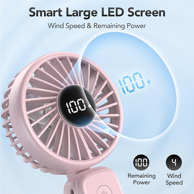PANERGY Portable Handheld Fan, 5000mAh Rechargeable, 14H Max Cooling Time, 4 Gear Wind & LED Display, 90° Foldable Design, 3-IN-1 Mini Fan for Travel Working Concerts Makeup - Pink