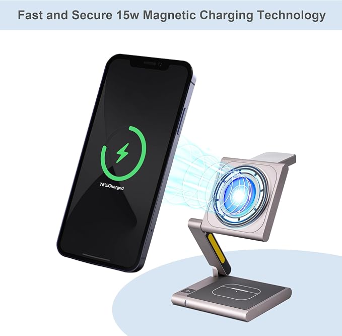 Fast Wireless Charging Station, Foldable for Travel w/Light, Modern All Aluminum Alloy Body, 4 in 1 Charger Compatible with MagSafe for Apple iPhone 16/15/14/13/12, AirPods and Apple Watch [Black]