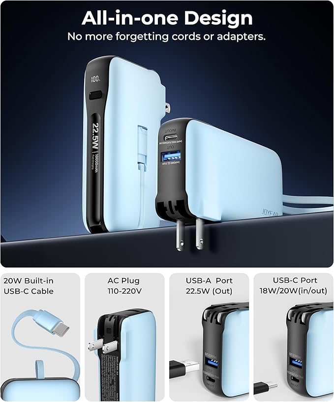 1 Pack Portable Charger with Built-in USB-C Cable & Plug, 10,000mAh 5V/4.5A Power Bank Fast Charging 22.5W, Travel Essential Battery Pack 3 Output for iPhone 16/15 Series, Samsung Galaxy, iPad