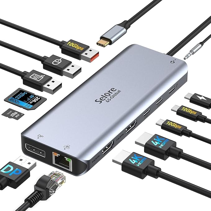 USB C Docking Station Dual Monitor,Selore 13 in 1 USB C Hub 3 Monitors with Dual HDMI,DP,10G USB A/C,100W PD,5 USB A/C Ports,Gigabit Ethernet,Laptop Docking Station for Dell,Hp,Lenovo,MacBook.etc