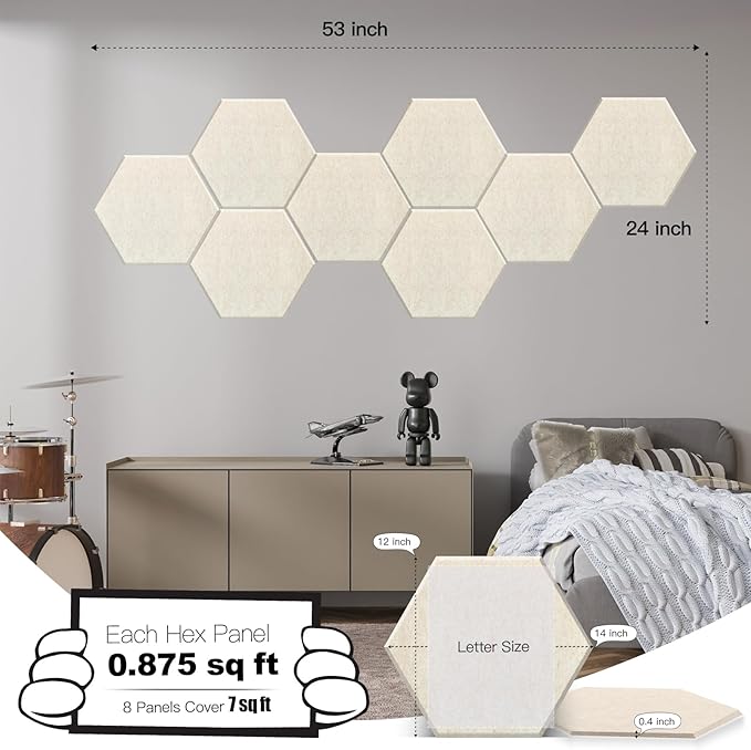 Mollywell Hexagon Acoustic Panels, High Density, Soundproofing, Decorative Noise Reduction Felt Wall Tiles for Ceilings, Home Office & Gaming Room (Beige), 14x12x0.4 Inch