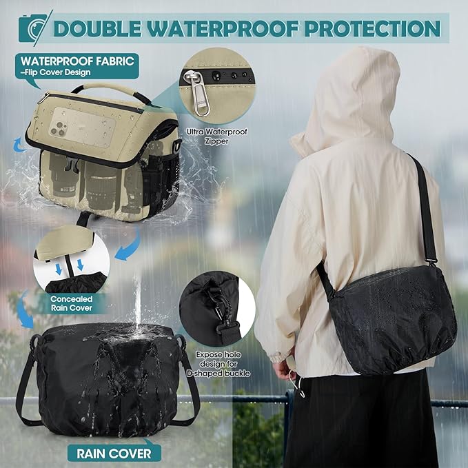 RAINSMORE Camera Bag, DSLR/SLR/Mirrorless Camera Case with Tripod Holder Waterproof Camera Sling Bag Crossbody Camera Bags for Photographers with Rain Cover for Canon/Nikon/Sony/Fuji, Khaki