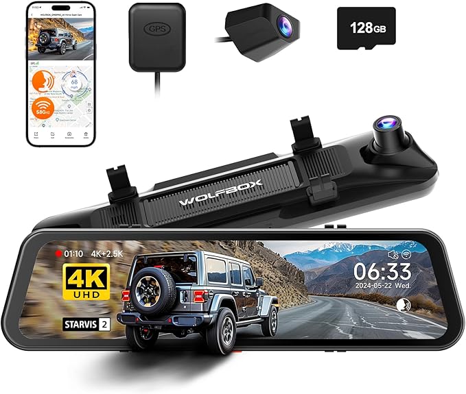 WOLFBOX G900 PRO Mirror Dash Cam with STARVIS 2 IMX678, 12 inches Rear View Mirror Camera with Front 4K and Rear 2.5K, Included 128GB Card, Voice Control, 5.8GHz WiFi, Loop Recording, G-Sensor & GPS