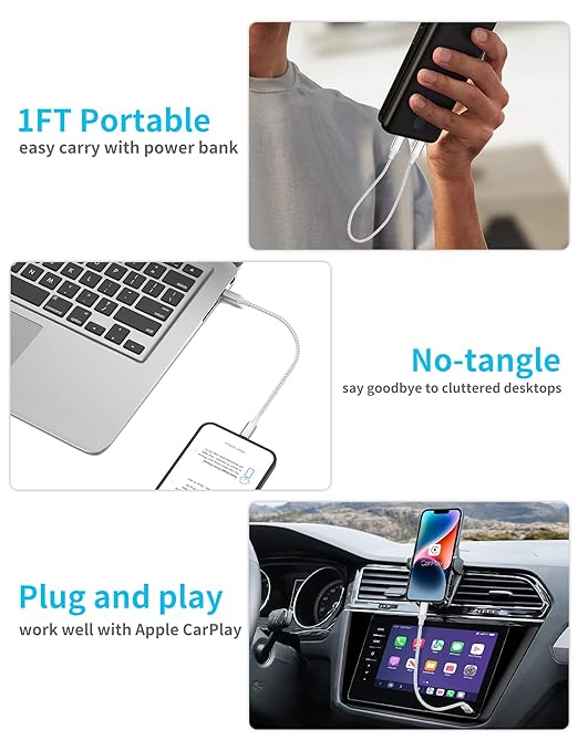 1ft USB C to Lightning Cable Short, [Apple MFi Certified] 2Pack USB C iPhone Charger PD Fast Charging, 12inch Nylon Braided Type C to Lightning Cord for iPhone 14 13 12 11 Pro Max Mini XR XS 8 SE iPad