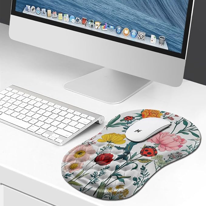 Hokafenle Ergonomic Mouse Pad Wrist Support, Wrist Rest Mousepad for Carpal Tunnel Pain Relief with Integrated Memory Foam Slope Massage Bulge (11.8x7.9 inch,Flowers and Ladybugs