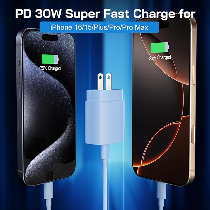 30W USB C i Phone 16 15 Charger Fast Charging, 2PACK Wall Charger for iPhone 16 15 Pro Max Charger Cord 10FT Fast Type C Charger Block for iPhone 16/16 Pro/15 Plus/15 Pro/15 Pro Max, iPad Pro, Blue