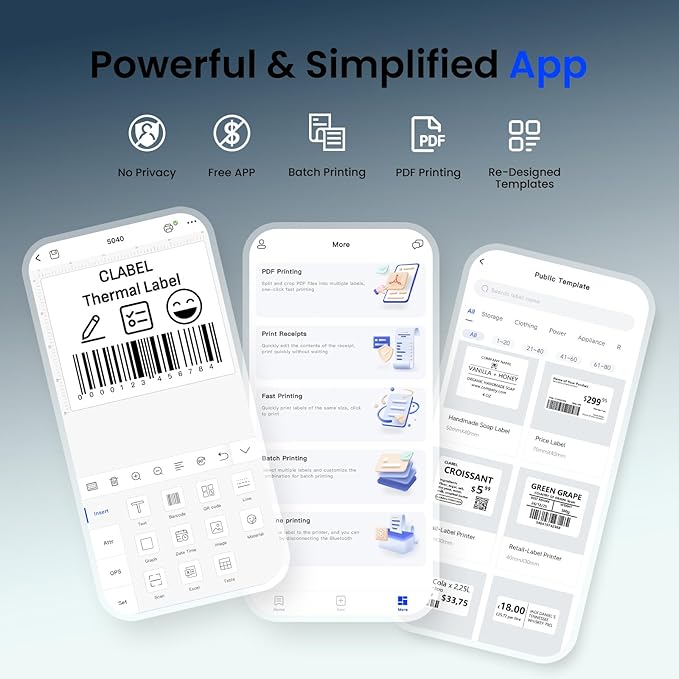 CLABEL Thermal Label Maker Machine: 221B Bluetooth Label Maker Machine with Tape Mini Sticker Printer Barcode Printer Compatible with Smartphone with 1 Roll 40x30mm Label (Blue)