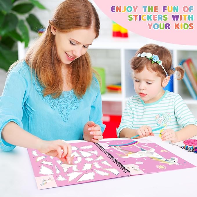 homicozy 3PCS Sticker Paint Books for Kids Ages 4-10,Unicorn Mermaid Animals Designs Paint by Stickers,Sticker by Numbers,Party Birthday Gifts for Girls 4-10,Create 30 Pictures One Stickers at A Time