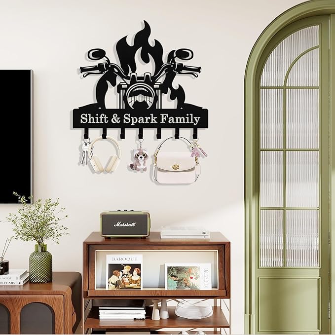 Personalized Flaming Motoclycle Key Holder Wall Mount, Custom Metal Key Rack Key Holder with name, Deer Cabin Wall Keys Hanger with Hooks for Entryway, Front Door, Hallway, Kitchen, Living Room