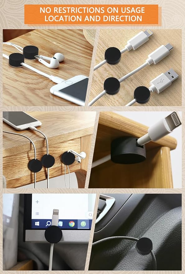 Maveek 5 Pcs Magnetic Cord Holder Cable Management, Strong Cable Clips Magnets Metal Plate, Adhesive Wire Organizers for Nightstand Desktop Wall Kitchen USB LAN (Black)