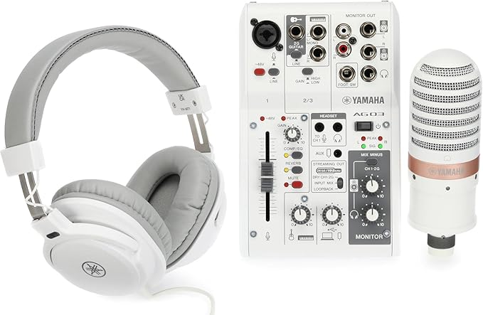 Yamaha AG03MK2 White Live Streaming Kit with mixer/USB interface, condenser microphone, headphones and mic cable
