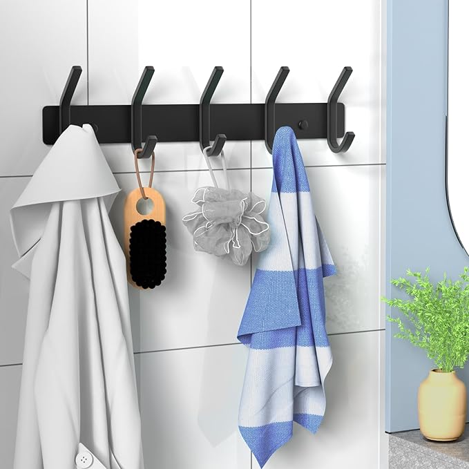 VAEHOLD Wall Hooks, Heavy Duty Aluminum Towel Hooks for Hanging Coat, Hat, Key, Clothes, Closet Hook Wall Mount for Kitchen, Bathroom, Office (“C“ Shape Coat 5 Hooks 1 Pack)